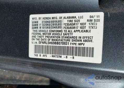 2011 Honda Odyssey Ex-L из США, поврежденный, VIN 5FNRL5H69BB070931